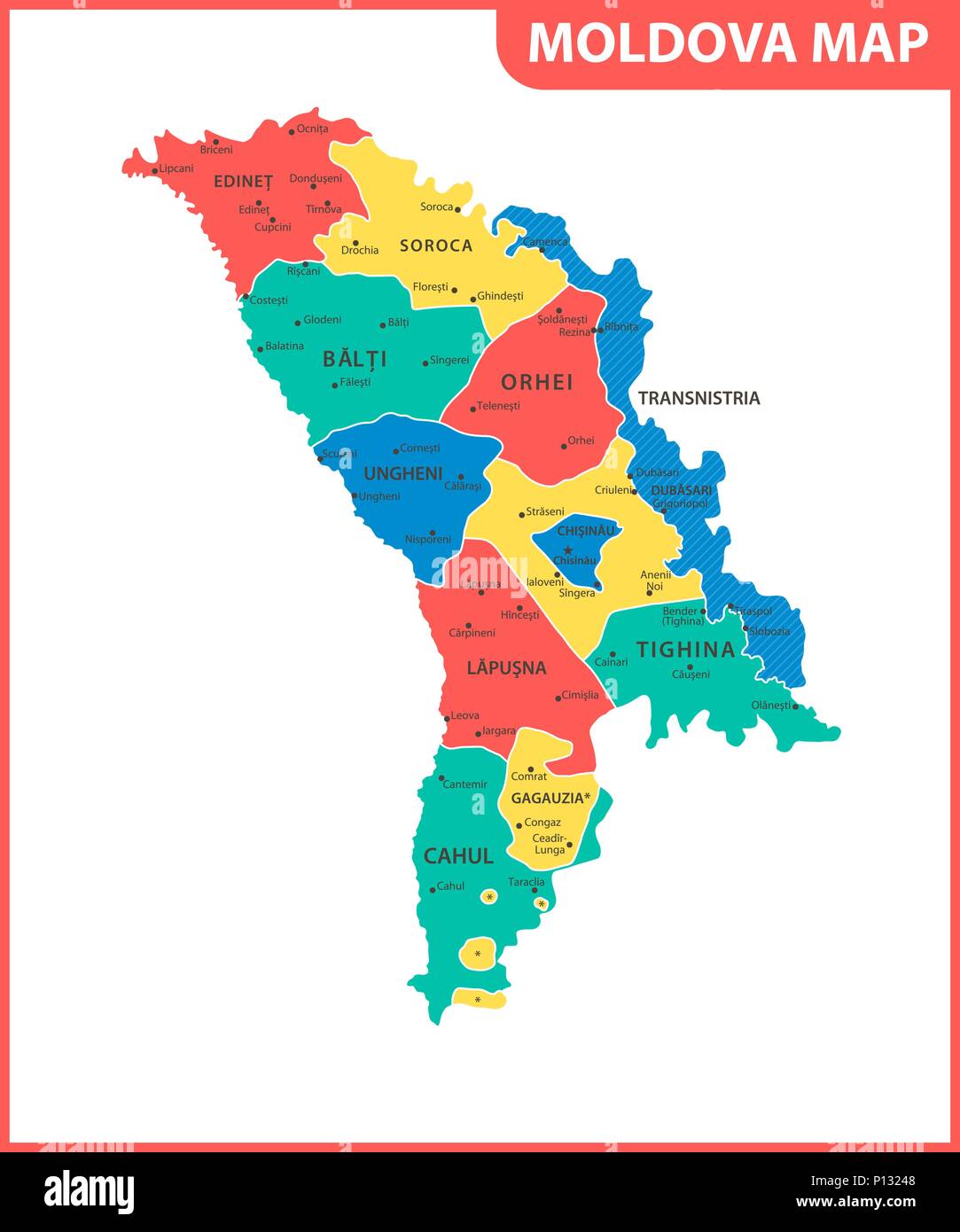 The detailed map of the Moldova with regions or states and cities, capital. Administrative division. Transnistria is marked as a disputed territory Stock Vector