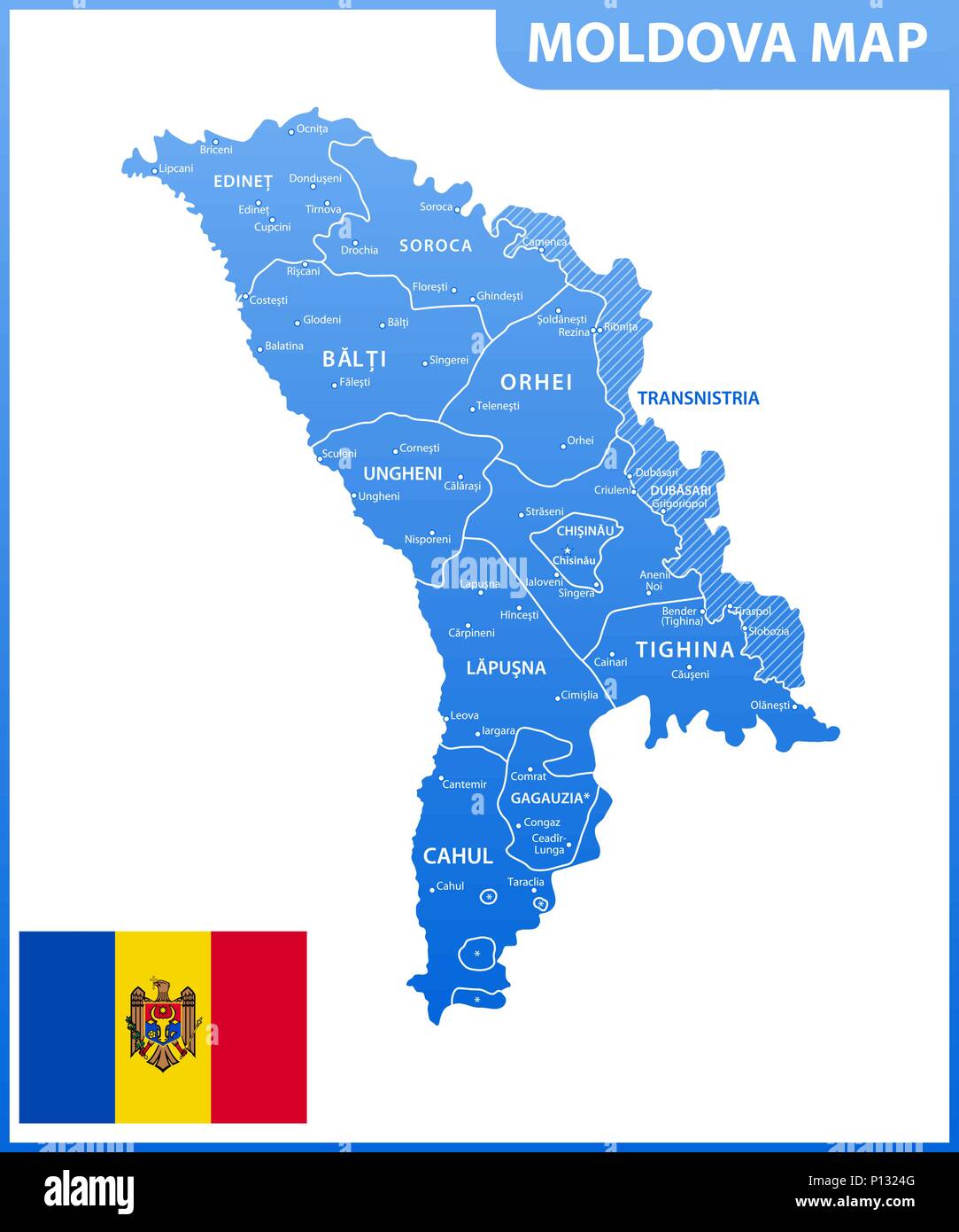 The detailed map of the Moldova with regions or states and cities, capital. Administrative division. Transnistria is marked as a disputed territory Stock Vector