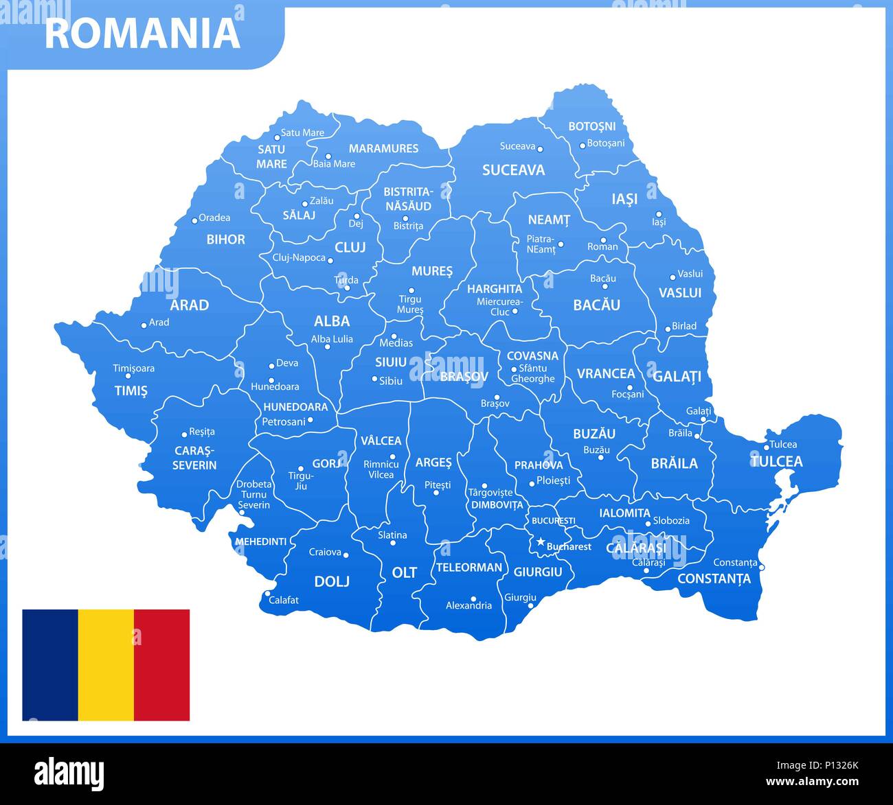 The detailed map of the Romania with regions or states and cities, capital. Administrative division. Stock Vector