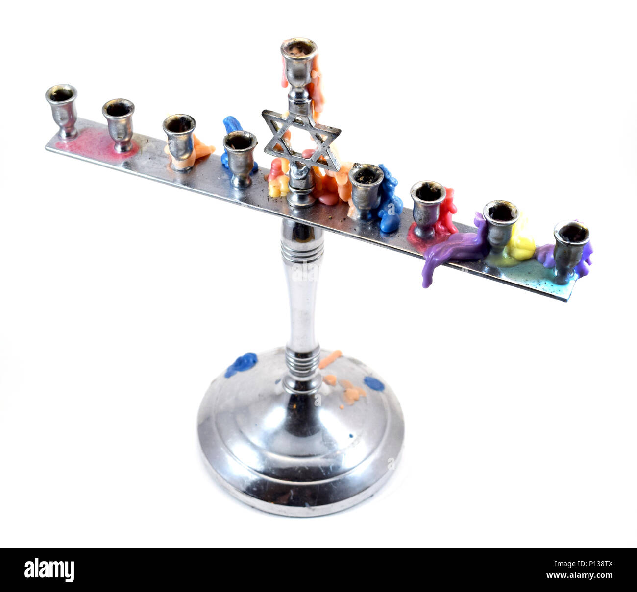 Jewish Menorah (Chanukiah) with melted wax, used during Hanukkah