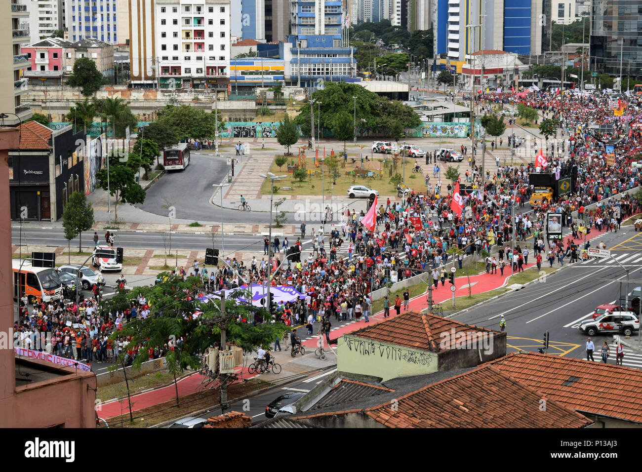 SAO PAULO, BRASIL - MAY 22, 2016: Protesters march against Brazil's interim president Michel Temer at Largo da Batata, Pinheiros, Sao Paulo.  Temer's  Stock Photo