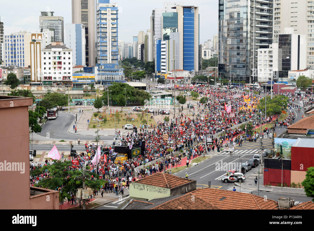 SAO PAULO, BRASIL - MAY 22, 2016: Protesters march against Brazil's interim president Michel Temer at Largo da Batata, Pinheiros, Sao Paulo.  Temer's  Stock Photo