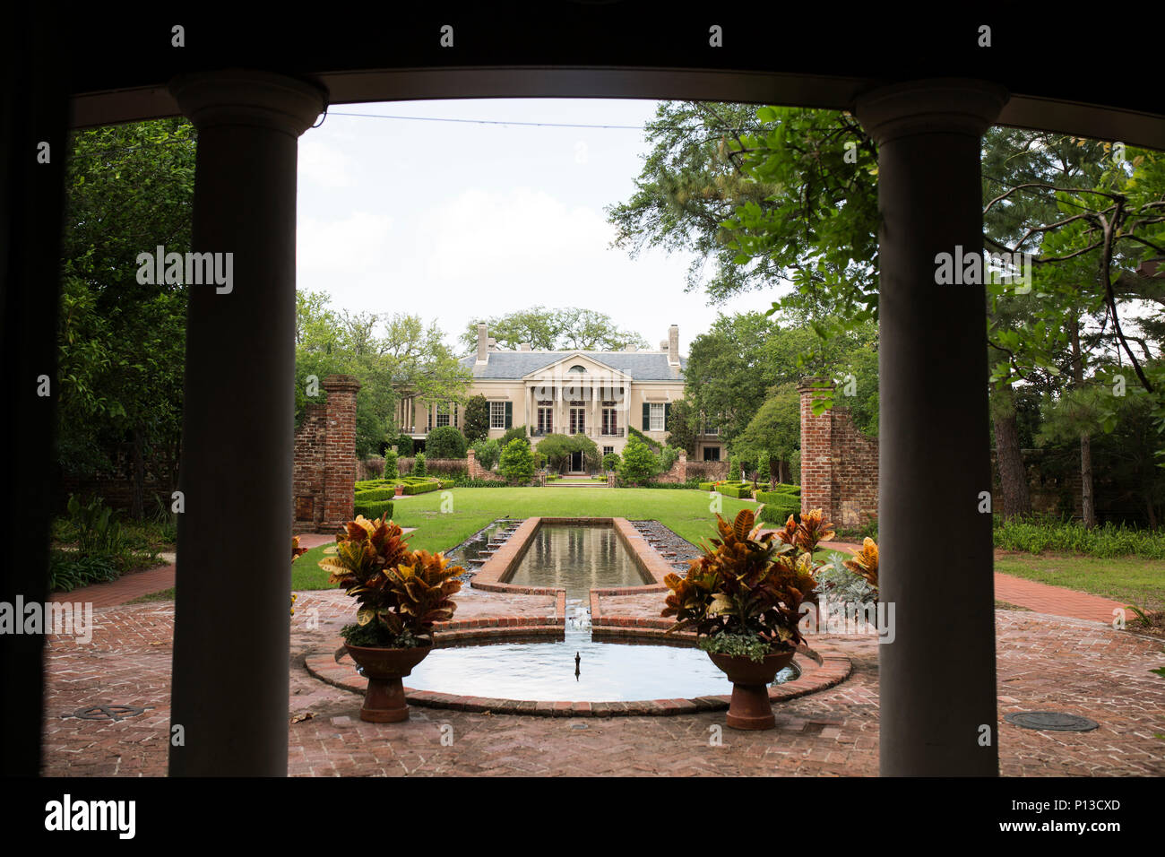Longue Vue House in New Orleans, Louisiana, USA. The south facade of the house and the Spanish Court garden. Stock Photo