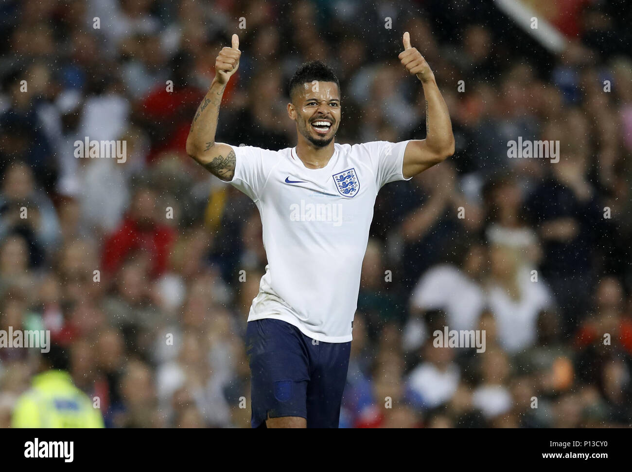 England's Jeremy Lynch celebrates scoring his side's second goal of the game during the UNICEF Soccer Aid match at Old Trafford, Manchester. Stock Photo