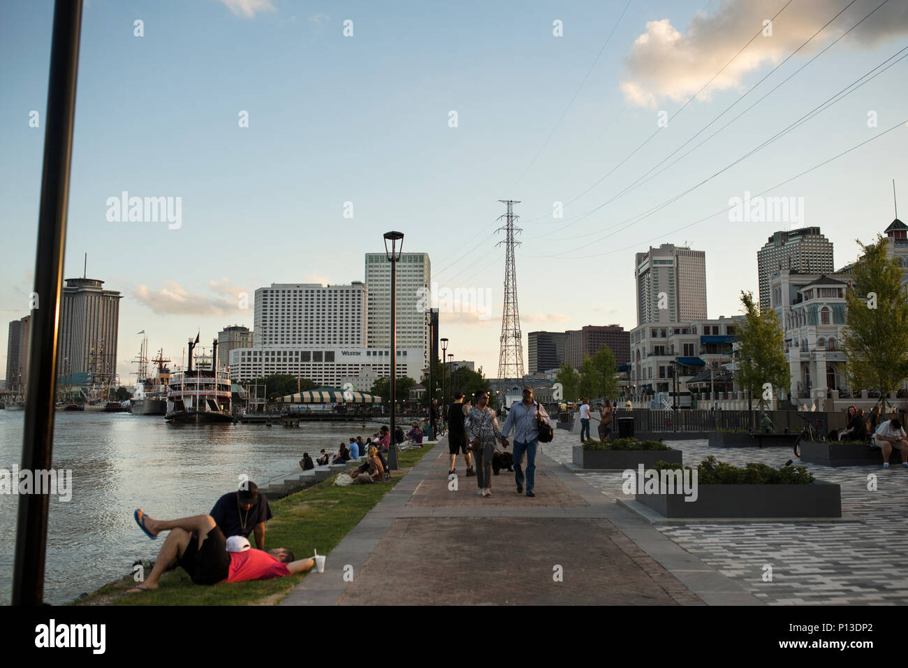 Sunset at the Moonwalk Riverfront Park in New Orleans, Louisiana, along