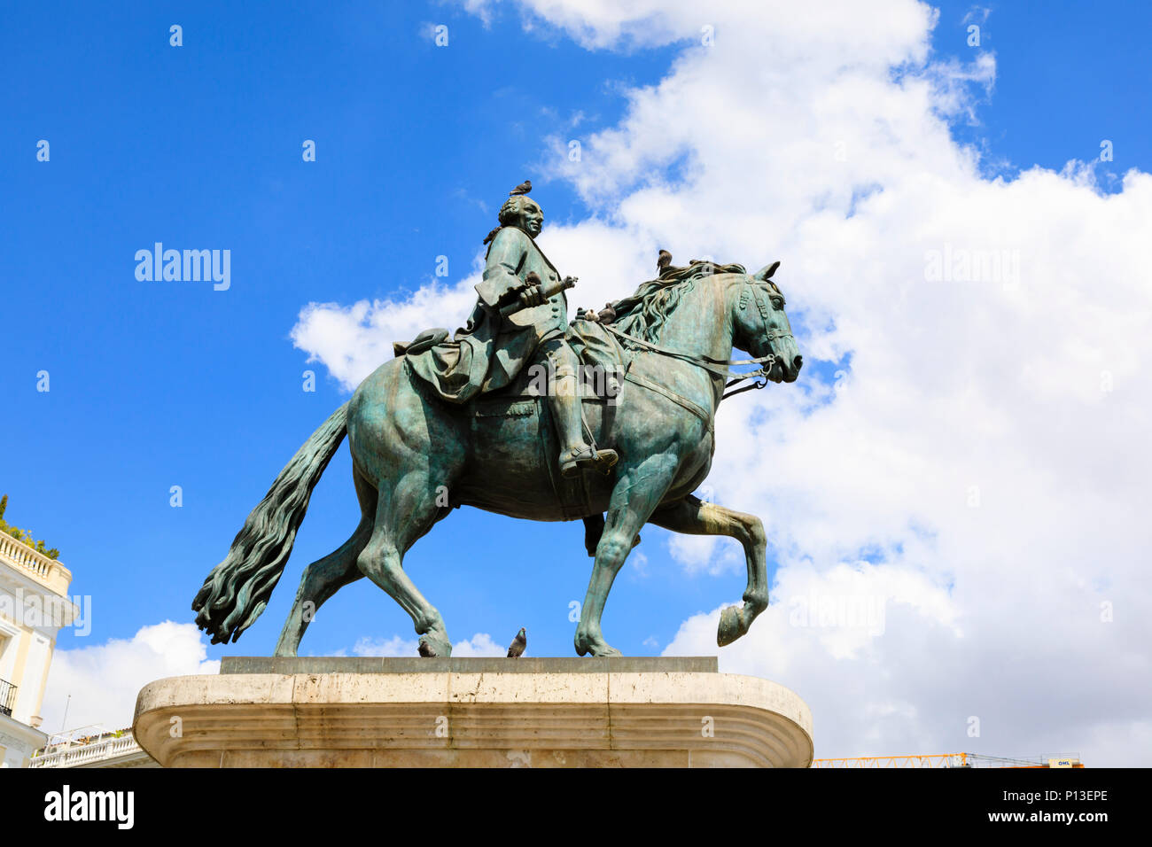 Bronze statue of Charles III on a horse, Plaza de Puerta del Sol, Madrid, Spain. May 2018 Stock Photo