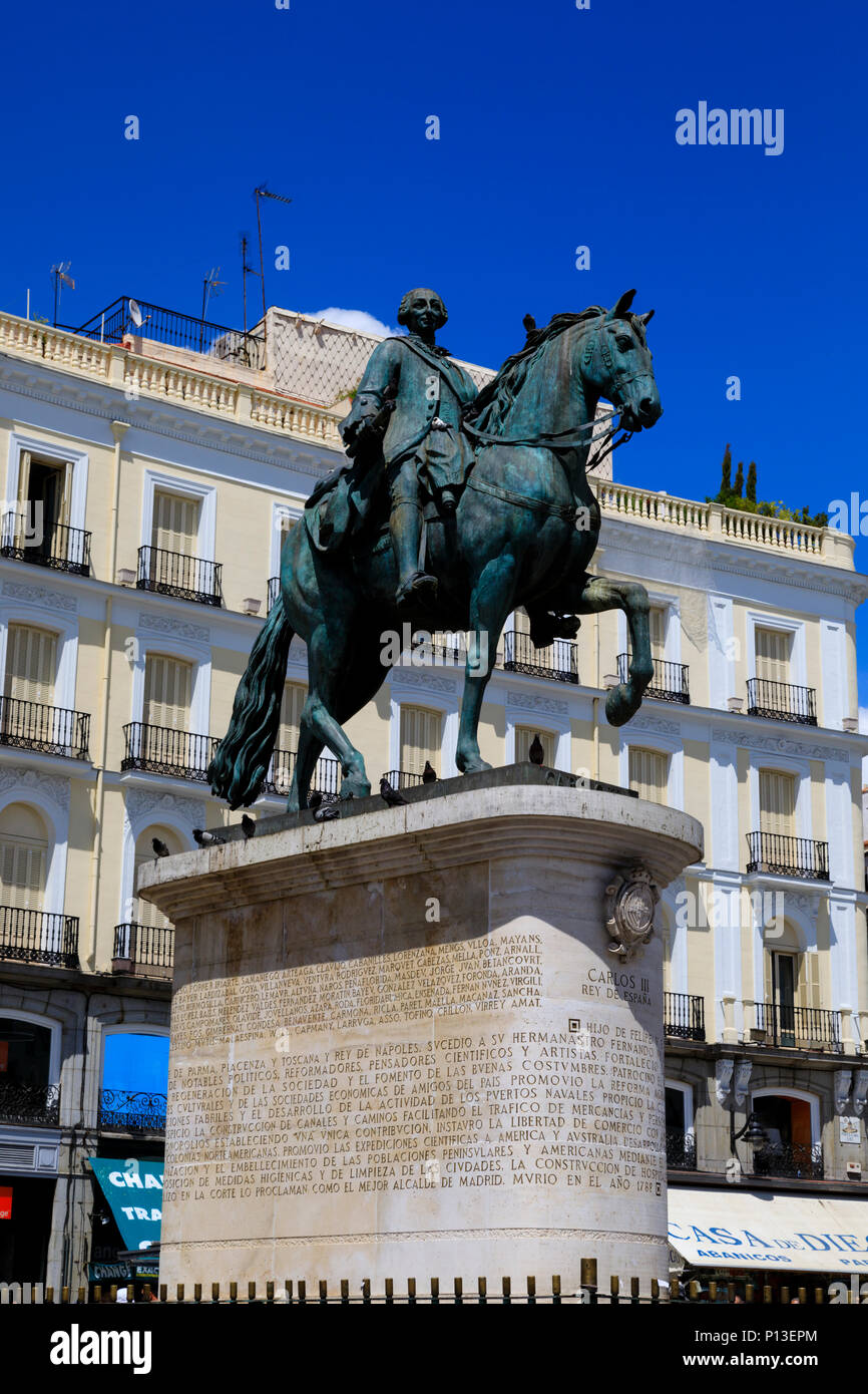 Charles III bronze statue and horse, Plaza de Puerta del Sol, Madrid, Spain. May 2018 Stock Photo