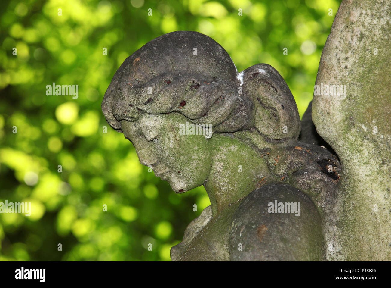 a statue of an angel on a grave in drumbrae cemetery with the sun shining through leaves on the trees in the background Stock Photo