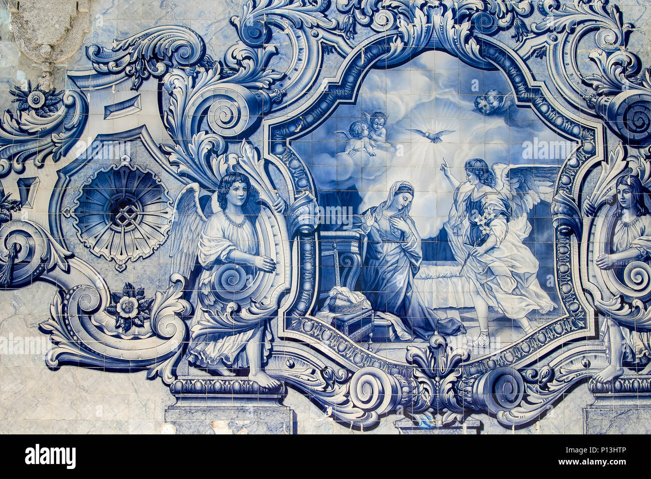 Details of an azulejo panel at the staircase that ascends to the Nossa Senhora dos Remedios church in Lamego, Portugal. Stock Photo