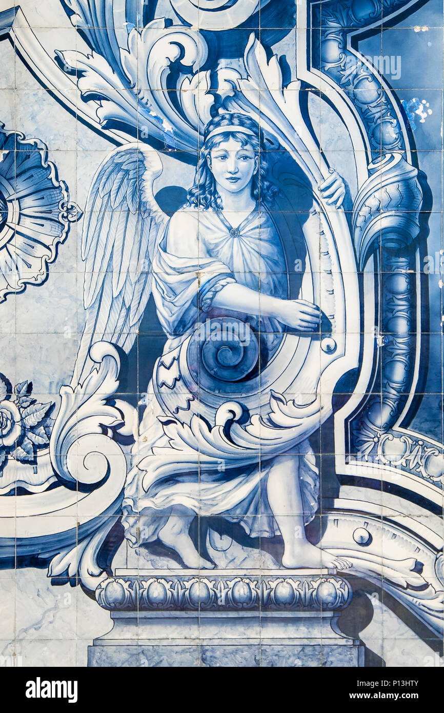 Details of an azulejo panel at the staircase that ascends to the Nossa Senhora dos Remedios church in Lamego, Portugal. Stock Photo