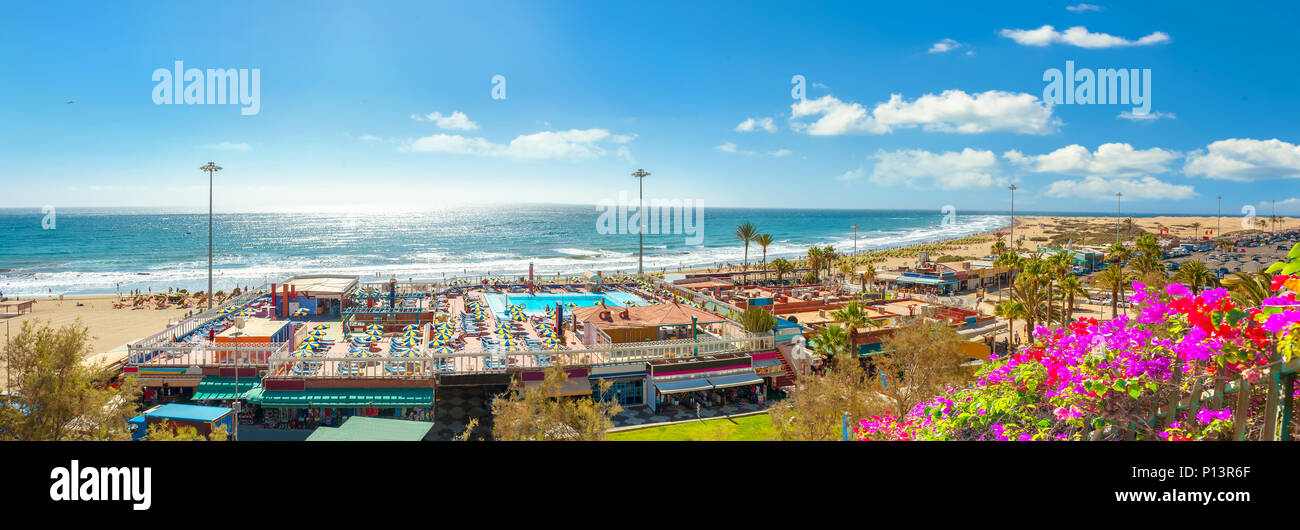 Panoramic view of beach in Playa del Ingles. Maspalomas, Gran Canaria, Canary Islands Stock Photo
