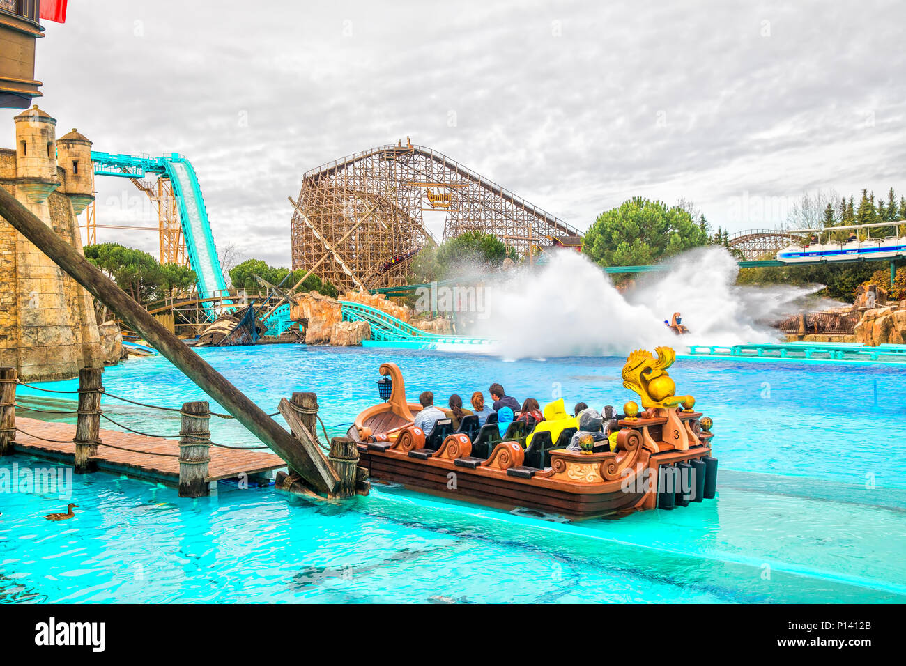 RUST, GERMANY - March 31, 2018 - Guests riding boats in Europa-Park. Europa-Park is a second largest park resort in Europe. Stock Photo