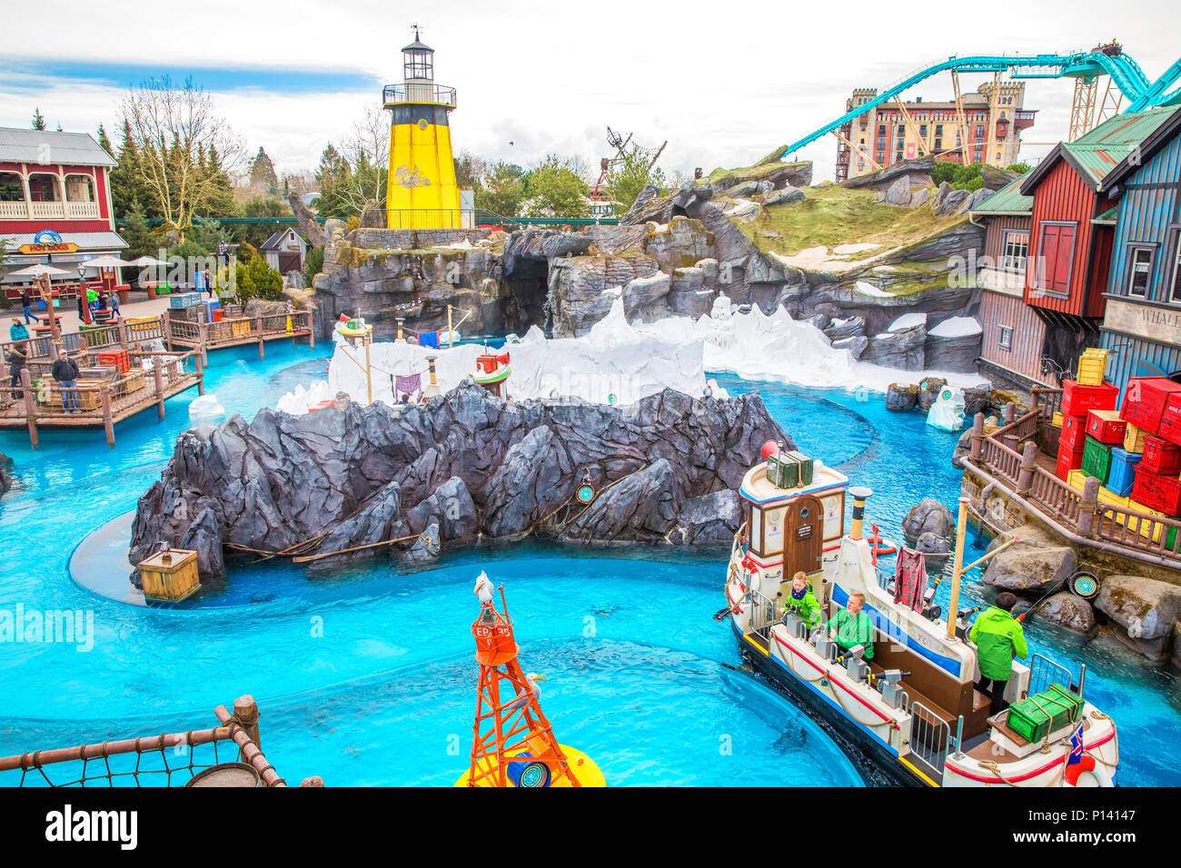 RUST, GERMANY - March 31, 2018 - Guests riding boats in Europa-Park. Europa-Park is a second largest park resort in Europe. Stock Photo