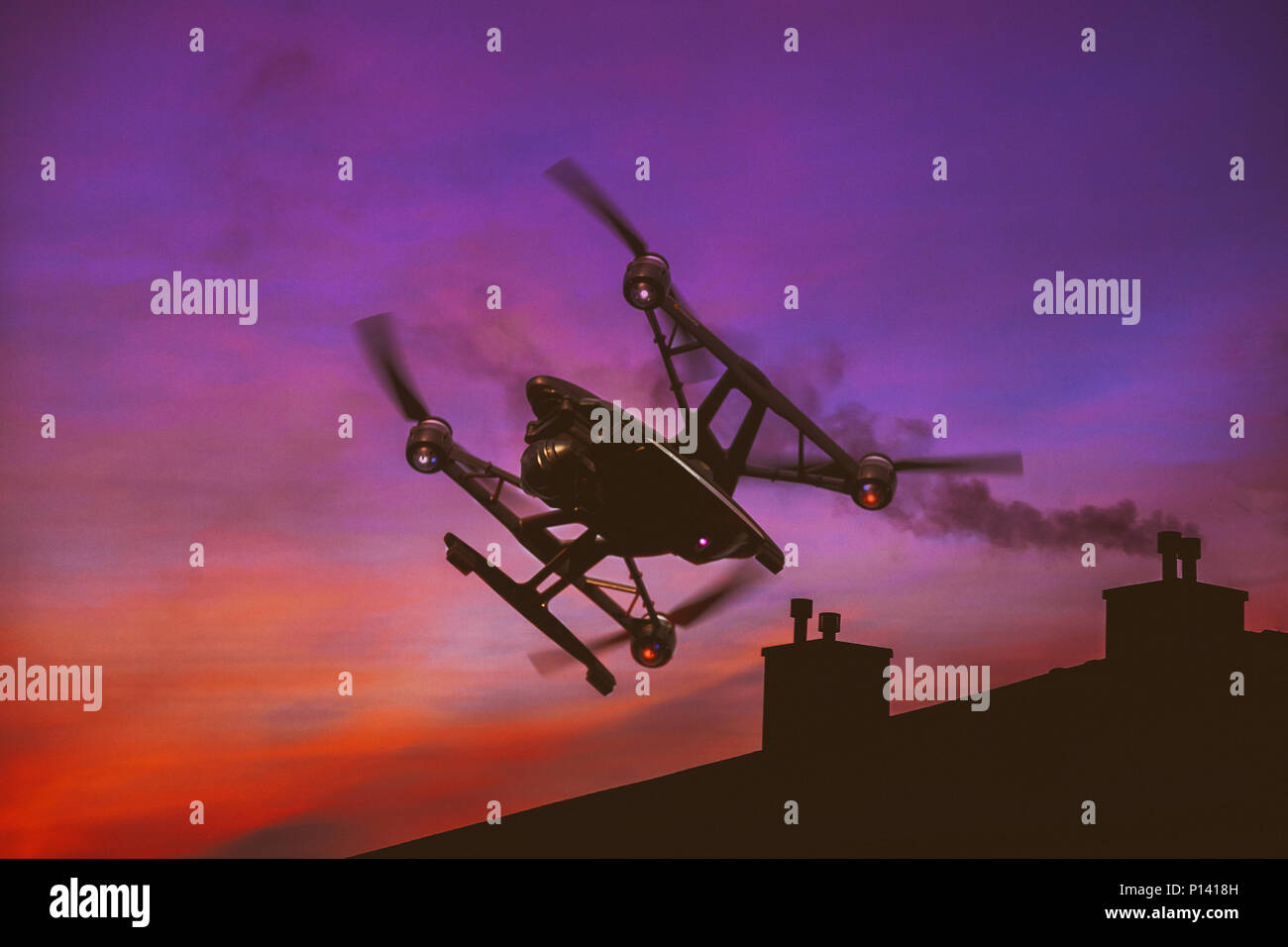 Drone flying over beautiful morning a sunset sky with light clouds ...