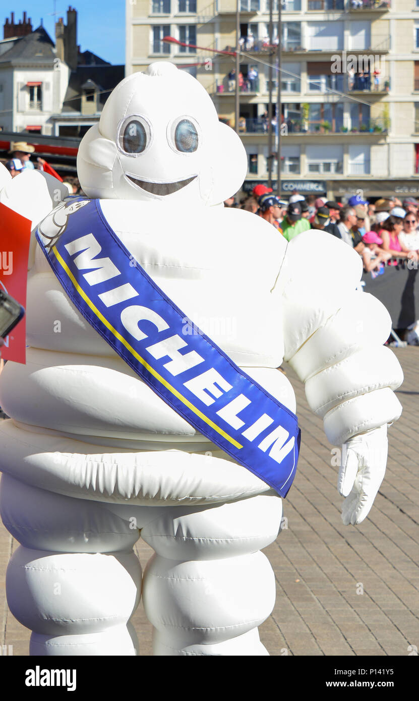 LE MANS, FRANCE - JUNE 16, 2017: White inflatable man - emblem of the company Michelin on a parade of pilots racing at Le mans, France Stock Photo