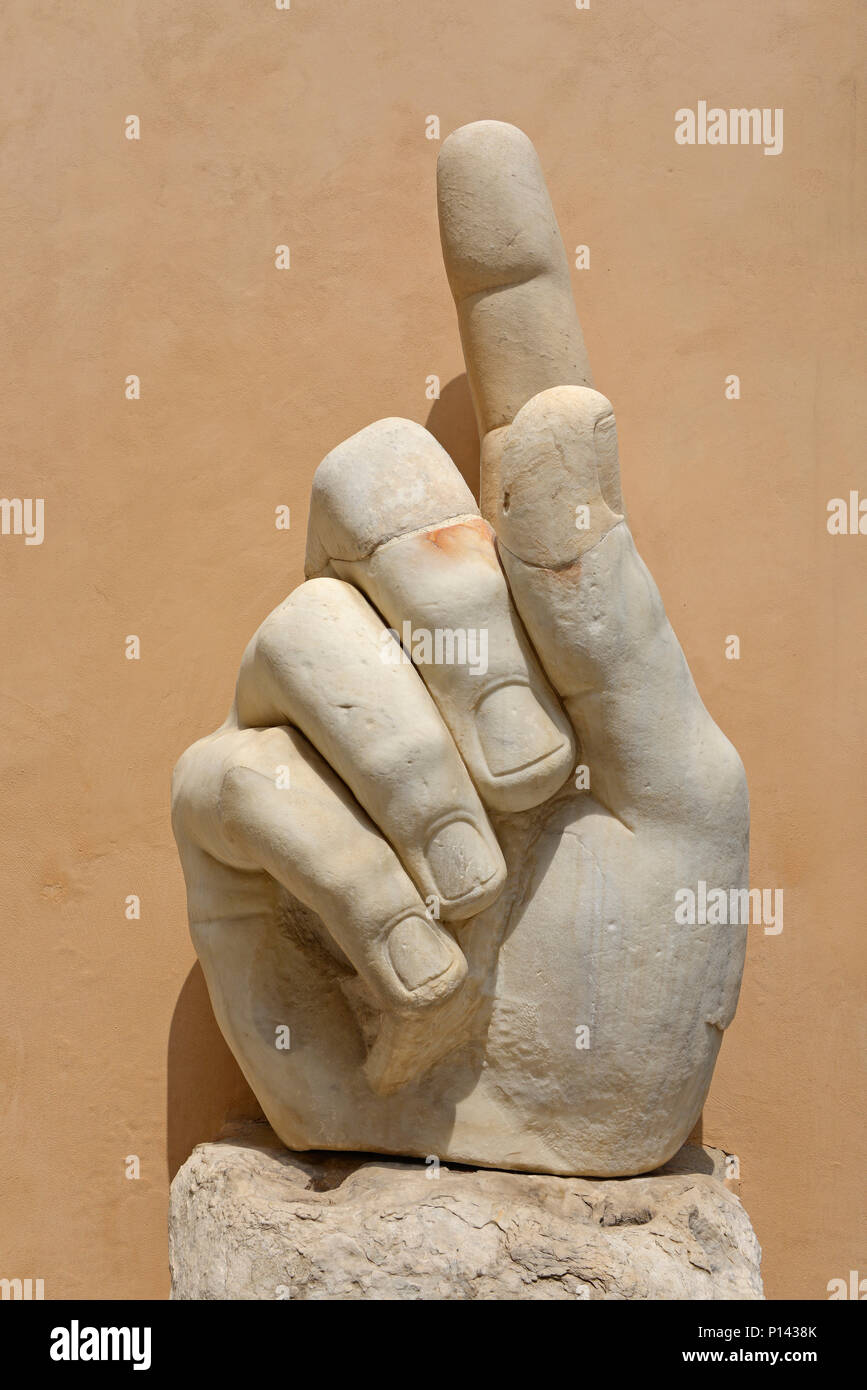 Remains of the Ancient Roman Colossus of Constantine, right hand pointing up, courtyard of Palazzo dei Conservatori, Capitonine, Rome, Italy Stock Photo