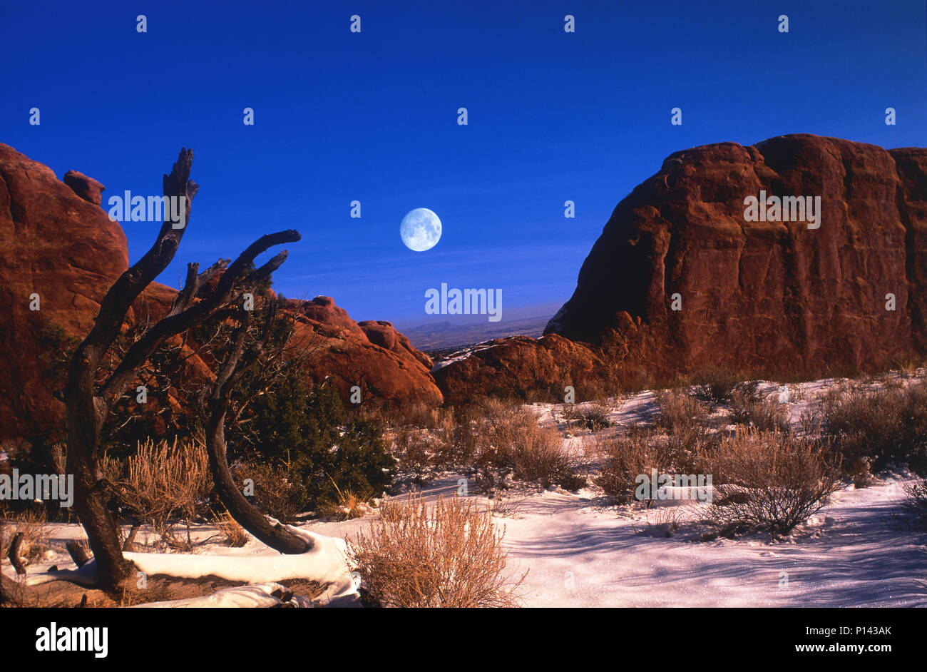 Arches National Park: view of distant horizon through rock formations with full moon over snow covered desert in late light, near Moab, Utah, USA Stock Photo