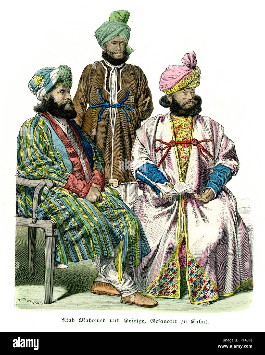 Vintage engraving of History of Fashion, Costumes of Afghanistan, 19th Century.  Atan Mohamed and Retinue and Ambassador of Kabul Stock Photo