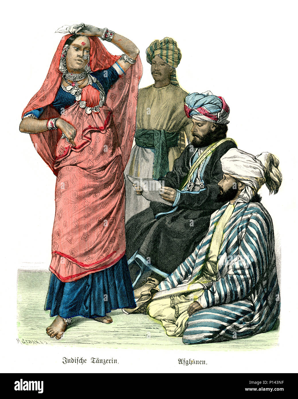Vintage engraving of History of Fashion, Indian Dancer and Afgan men 19th Century Stock Photo