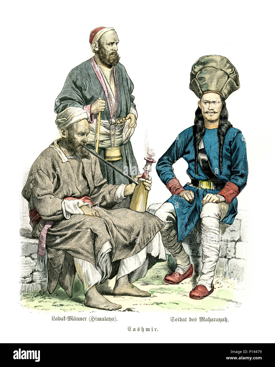 Vintage engraving of History of Fashion, Costumes of Kashmir, 19th Century. Ladak (Ladakh) men from Himalaya and soldier of Moharayah Stock Photo