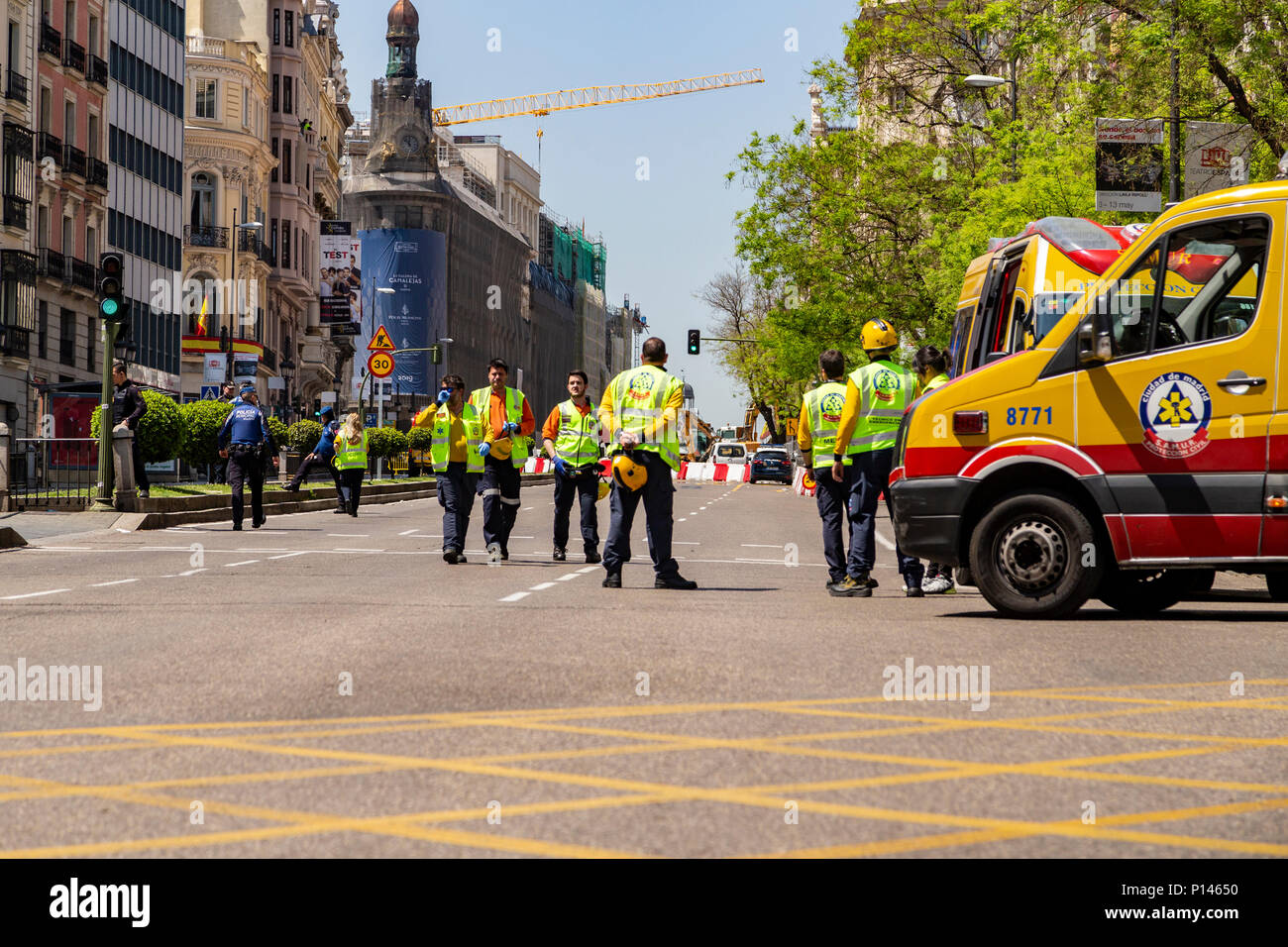 Police, ambulances and firefighters were deployed in the city by a gas leak Stock Photo