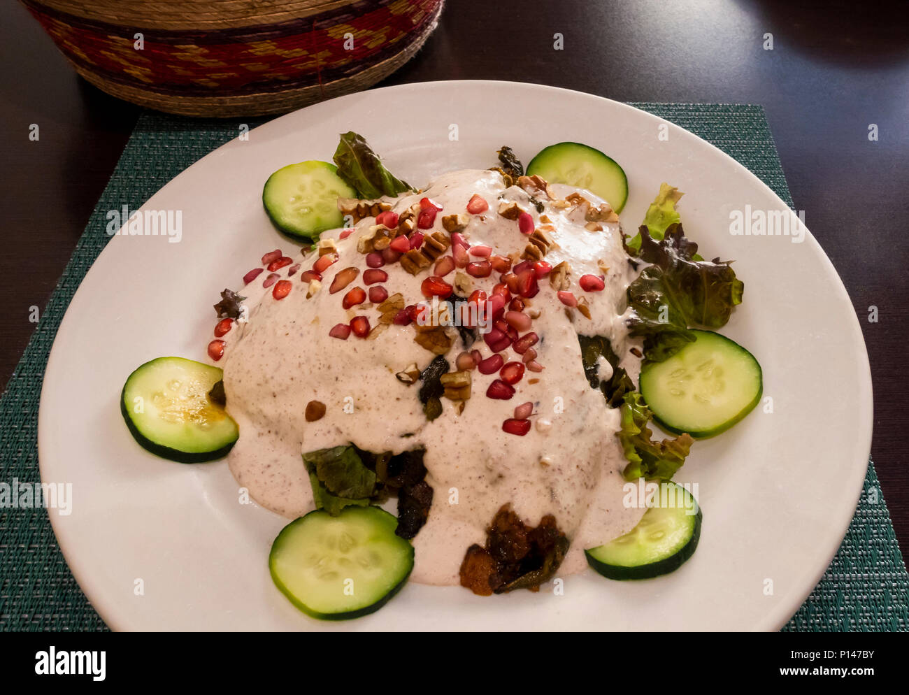 Chile poblano relleno, the signature dish at El Pagaso restaurant in San Miguel de Allende Stock Photo