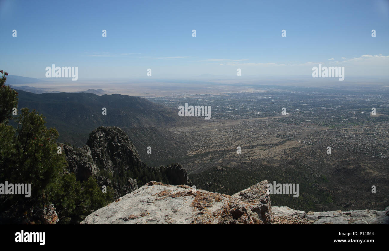 View of Albuquerque New Mexico from the top of the Sandia Mountains looking west. Stock Photo