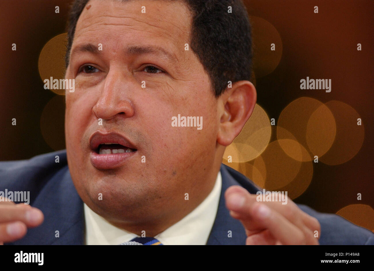 Venezuela's President Hugo Chavez attends a press conference in Caracas, Venezuela, February 2, 2003. Stock Photo