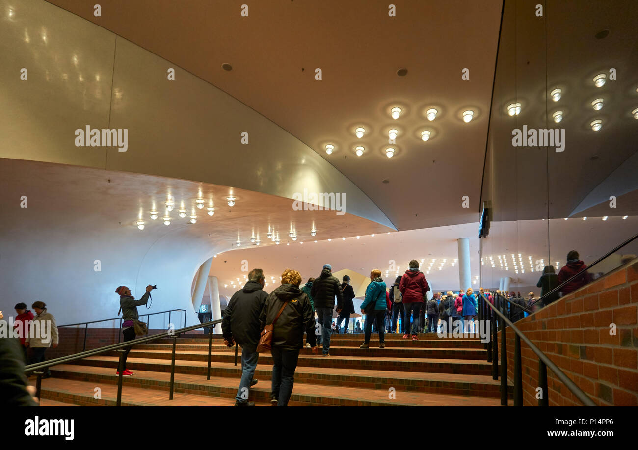 Hamburg, Germany - April 7, 2017: Visitors inside the elbphilharmonie concert hall in Hamburg Stock Photo