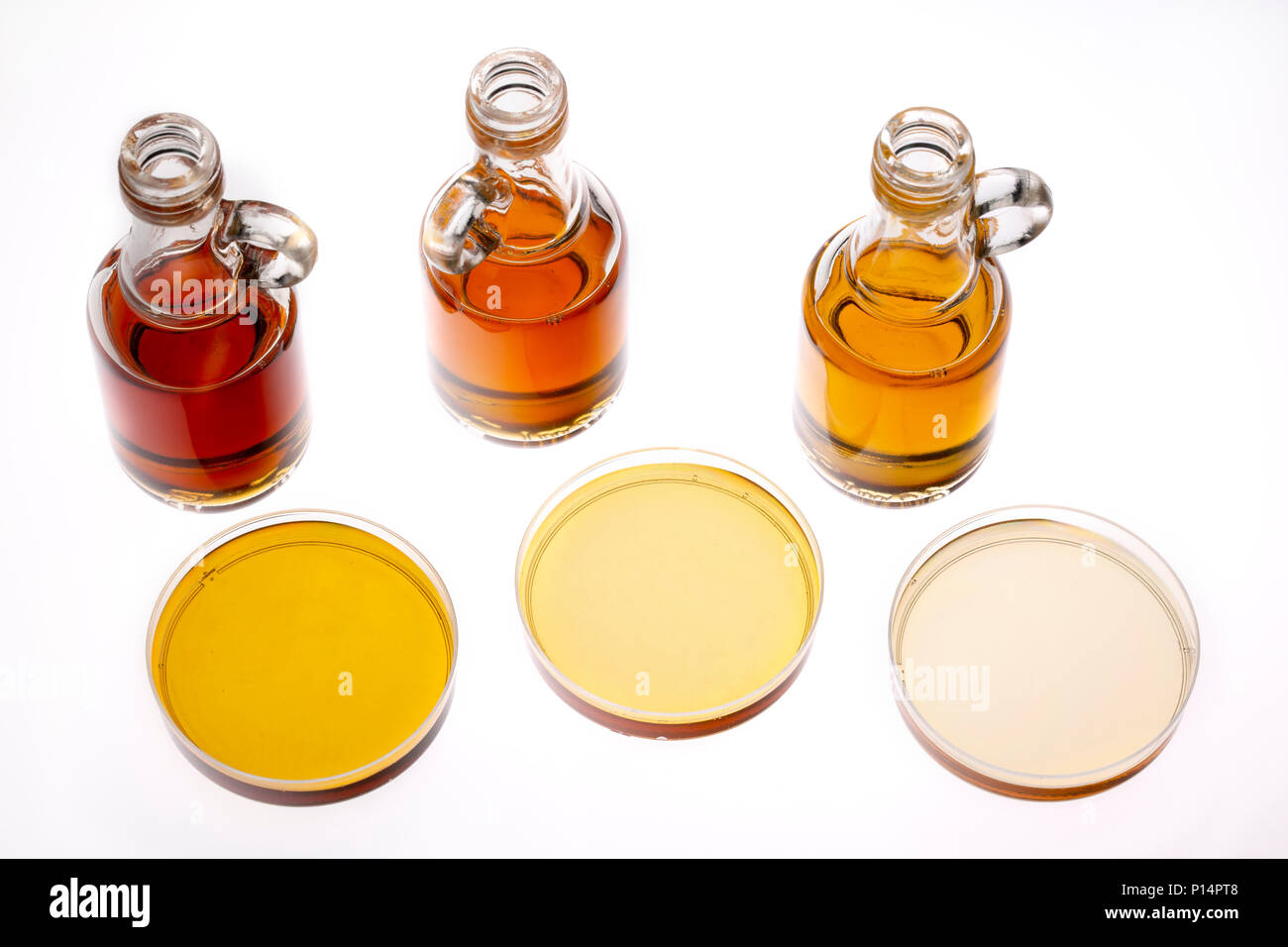 sampler of pure maple syrup (golden, amber and gold) three small glass bottles and small bowls