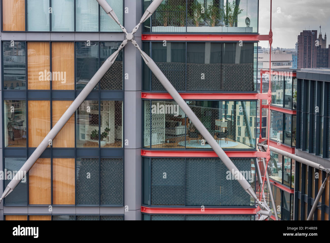 Exterior of residential units in building on South Bank in London, view ...