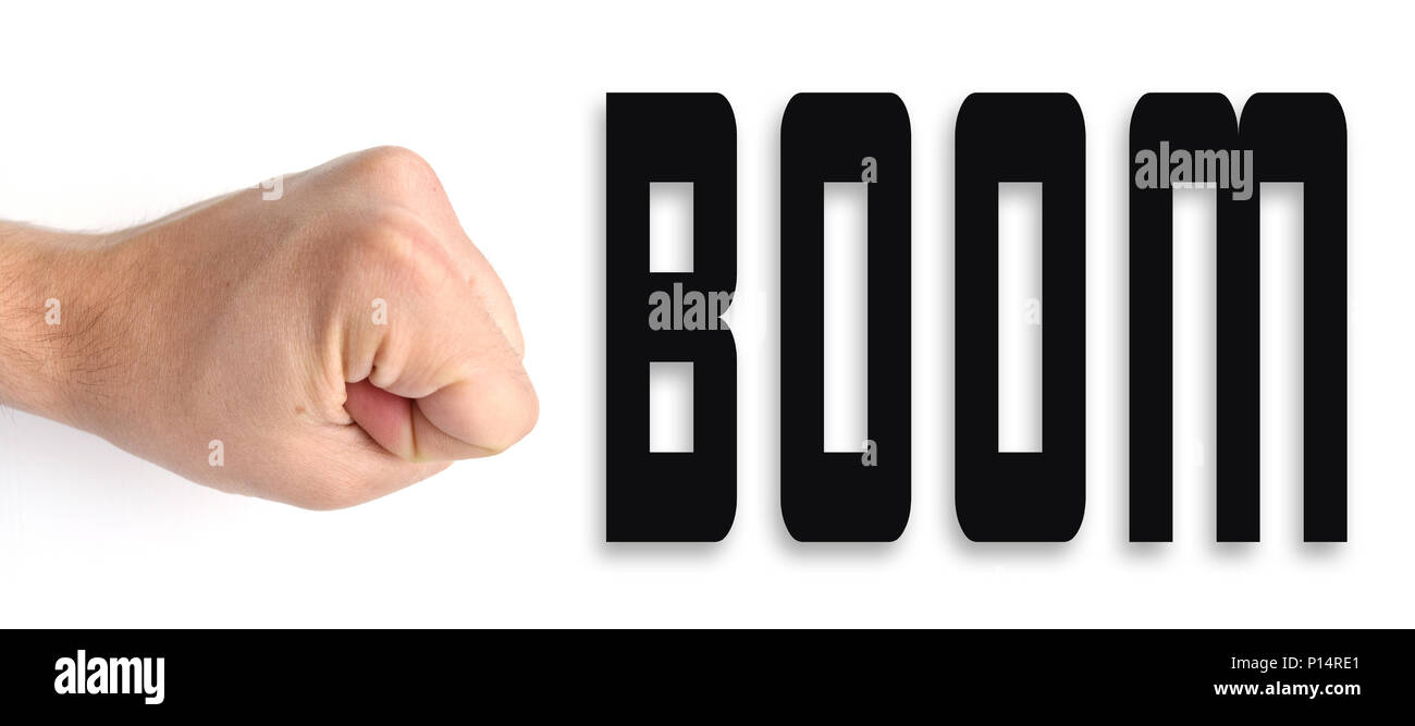 Fist punching air with the word BOOM next to it Stock Photo Alamy