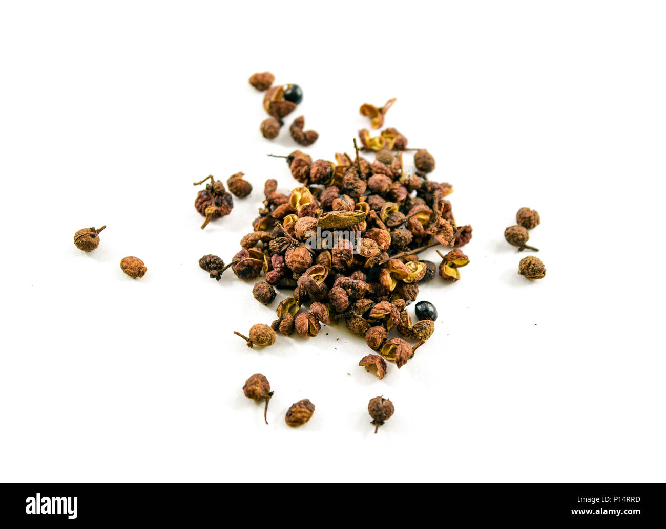 Sichuan or szechuan peppercorns isolated on white background. They numb