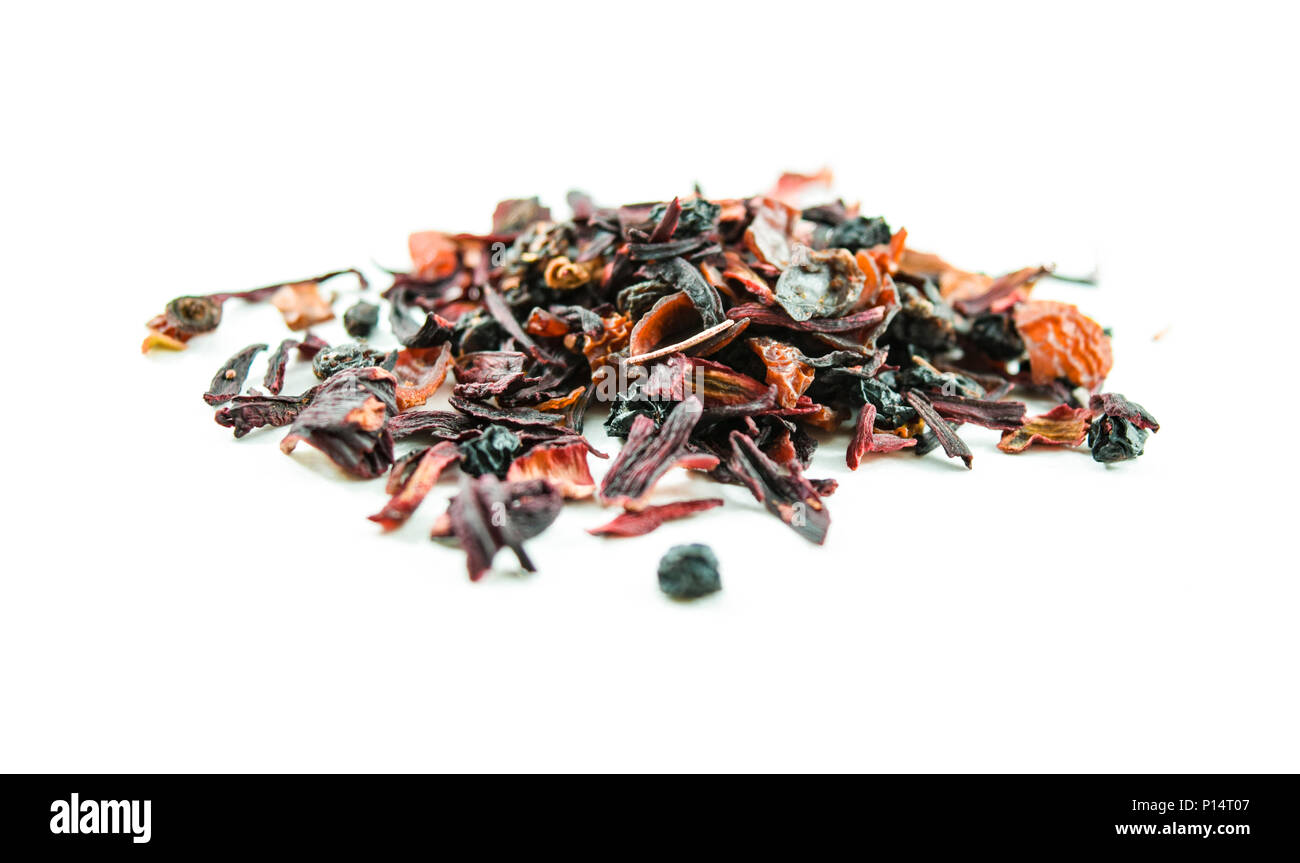 Pile of dried herbal hibiscus tea - isolated, white background Stock Photo