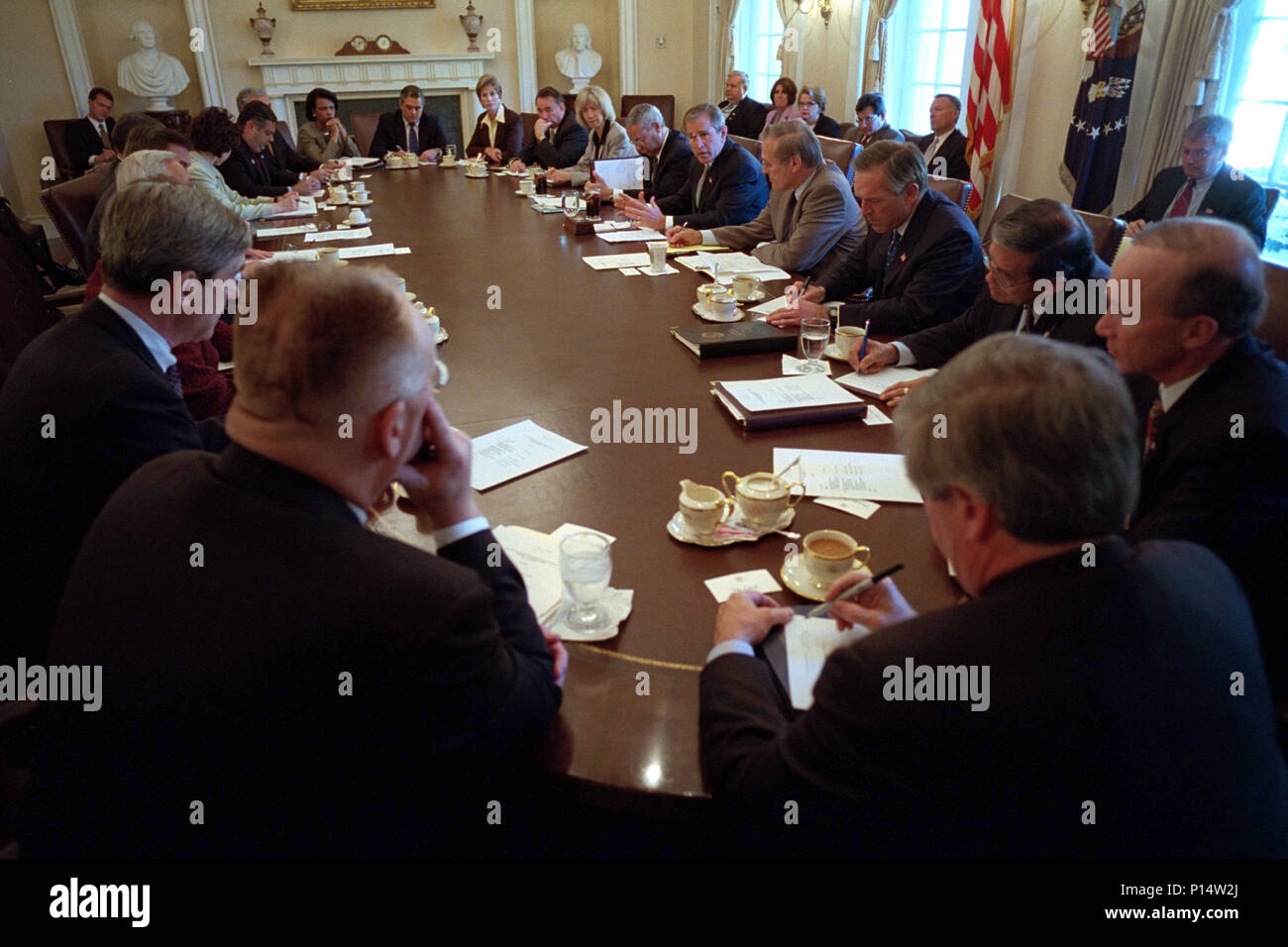President George W. Bush meets with the Homeland Security Council for the first time Monday, Oct. 29, 2001, in the Cabinet Room of the White House. Stock Photo