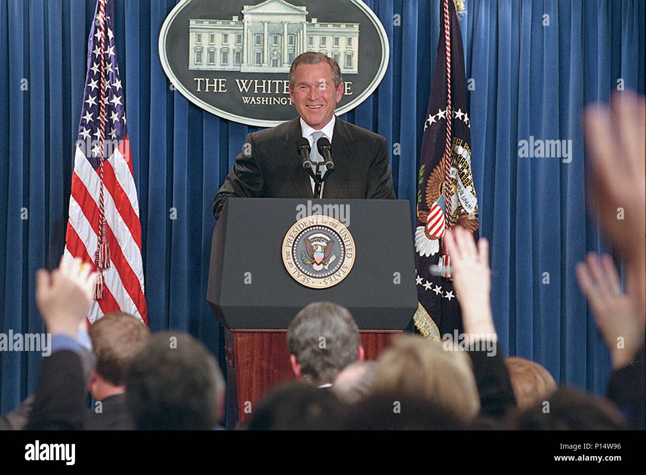 President George W. Bush delivers his first press conference Feb. 22, 2001 in the Press Briefing Room of the White House. Stock Photo