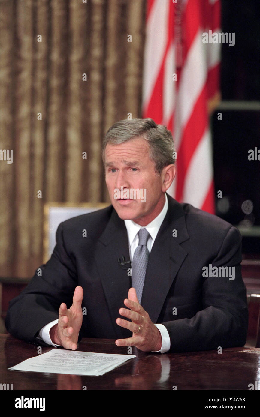 President George W. Bush delivers his Address to the Nation Tuesday, Sept. 11, 2001, from the Oval Office. Stock Photo
