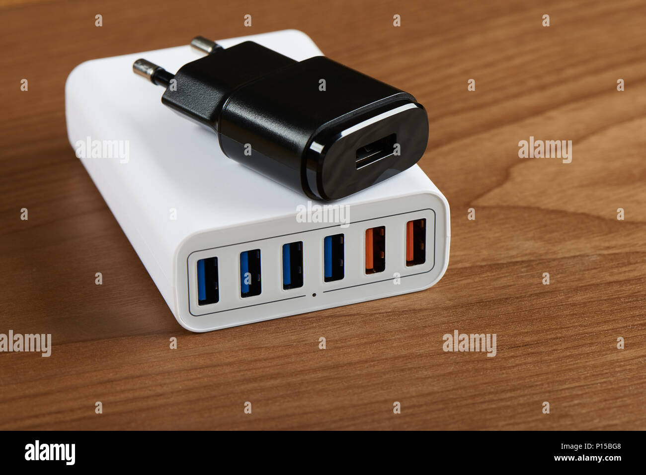 multiport charging station and general single port charger Stock Photo