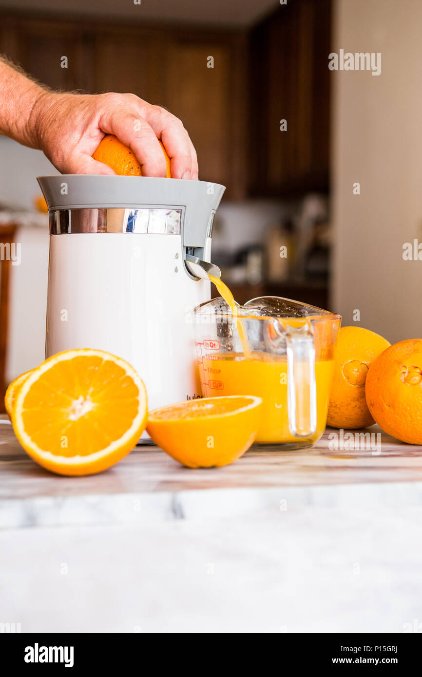tabletop electric orange and citrus fruit juicer in a home kitchen with fresh whole and cut oranges . Stock Photo