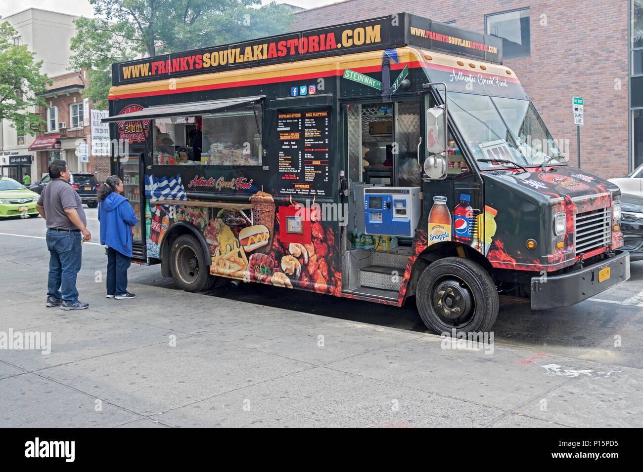 Franky's Souvlaki of Astoria, a food truck specializing in Greek food,  parked on 31st Ave off Steinway Street in Astoria Queens, NYC. Stock Photo