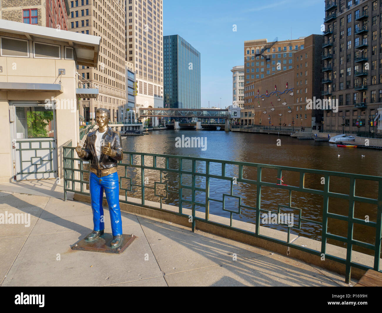 The Bronze Fonz statue by Gerald P Sawyer, Milwaukee Riverwalk. Depicts