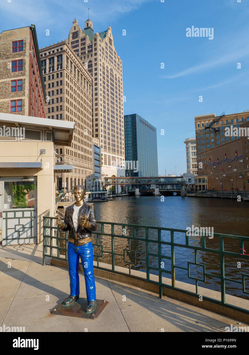 The Bronze Fonz statue by Gerald P Sawyer, Milwaukee Riverwalk. Depicts