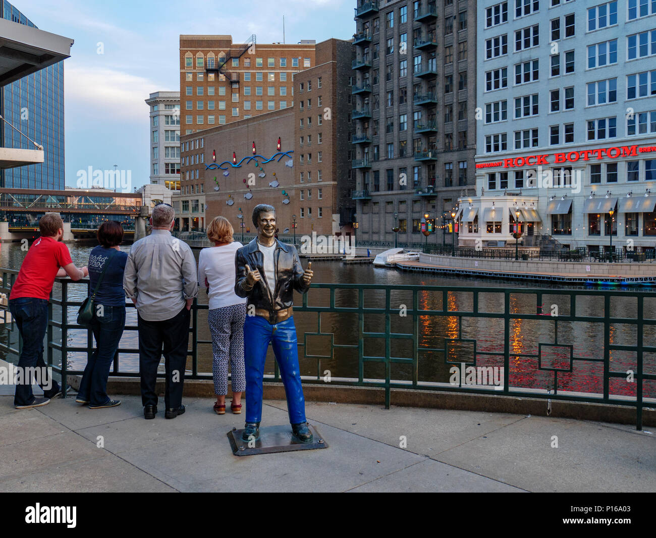 The Bronze Fonz statue by Gerald P Sawyer, Milwaukee Riverwalk. Depicts