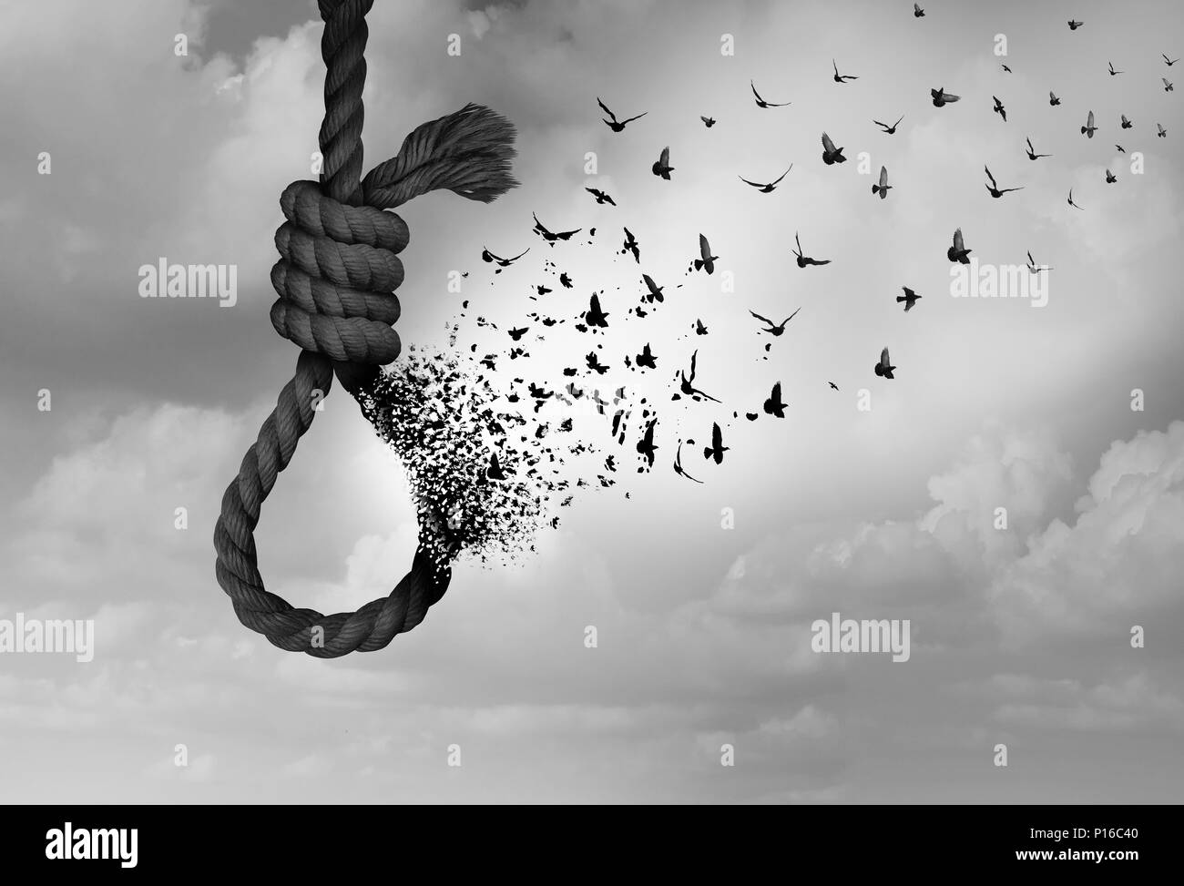 Psychology of suicide and suicidal severe depression therapy as a mental illness health concept as a noose transforming to hope as a surreal idea. Stock Photo