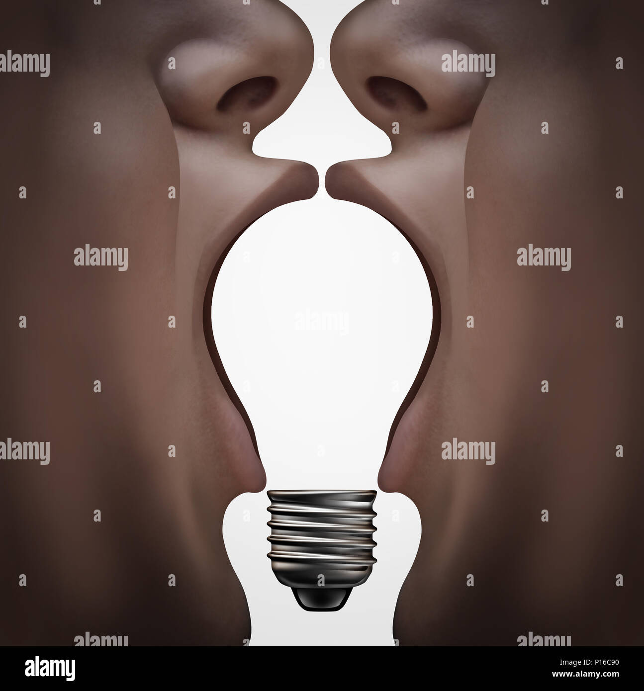 Creative talk and exchange of ideas business concept as two people collaborating together with their talking mouths shaped as a light bulb with 3D ill Stock Photo