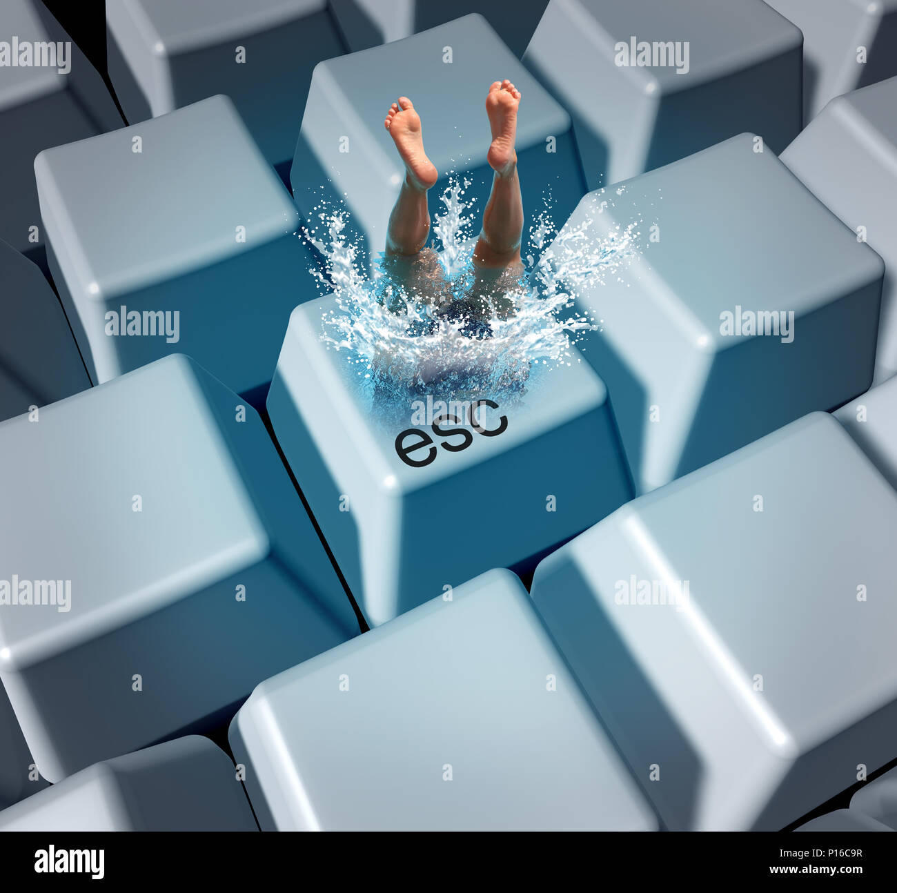 Work escape and office rest and relaxation concept as an employee worker diving into a computer keyboard with 3D illustration elements. Stock Photo