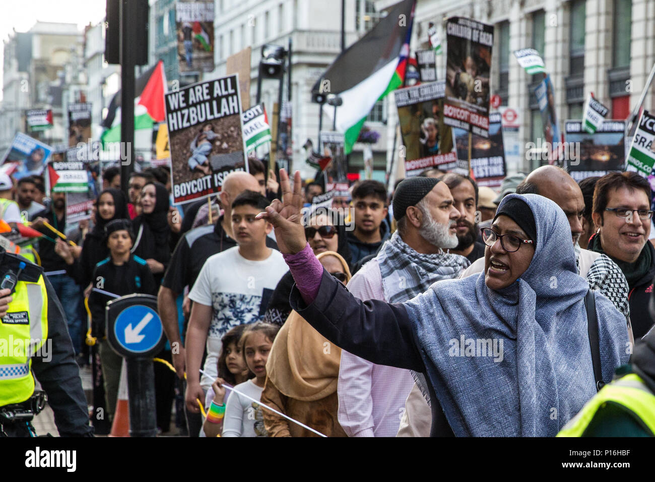 London, UK. 10th June, 2018. Hundreds of people take part in the pro-Palestinian Al Quds Day march through central London organised by the Islamic Human Rights Commission. An international event, it began in Iran in 1979. Quds is the Arabic name for Jerusalem. Credit: Mark Kerrison/Alamy Live News Stock Photo