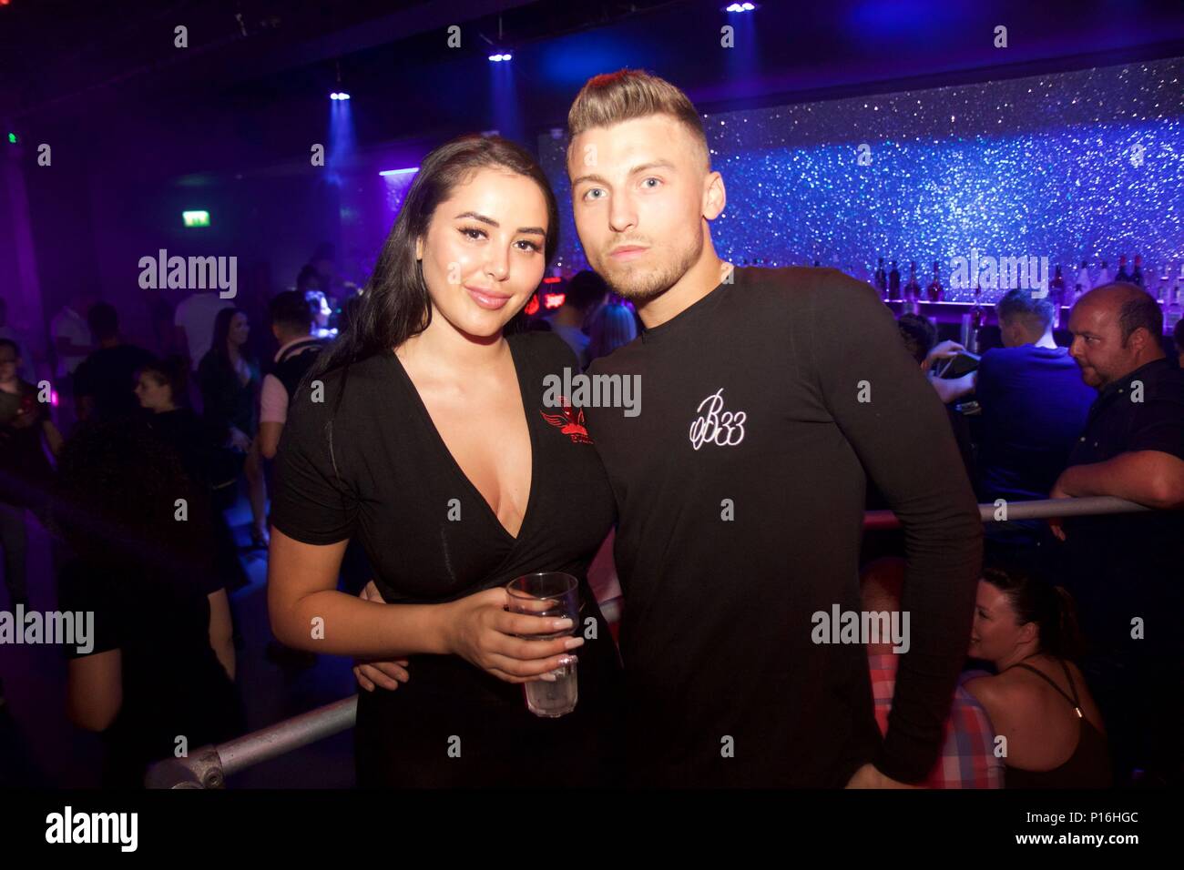 Watford, UK. 10th Jun, 2018. Marnie Simpson and Casey Johnson of Ex On The beach, Geordie Shore and Union J fame drunkenly party with friends at Hydeout 2.0 Watford fresh back from their recent holiday. The couple downed vodka and disaronno as they let their hair down stopping to chat and do shots with fans and stayed until 3am. Credit: Ayeesha Walsh/Alamy Live News Stock Photo