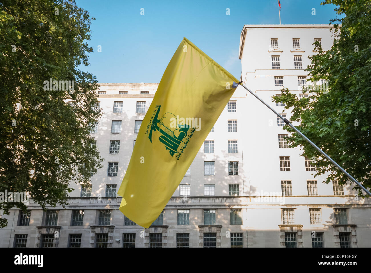 London, UK. 10th June, 2018. Hezbollah flags fly at Al Quds Day rally and march through central London. Credit: Guy Corbishley/Alamy Live News Stock Photo