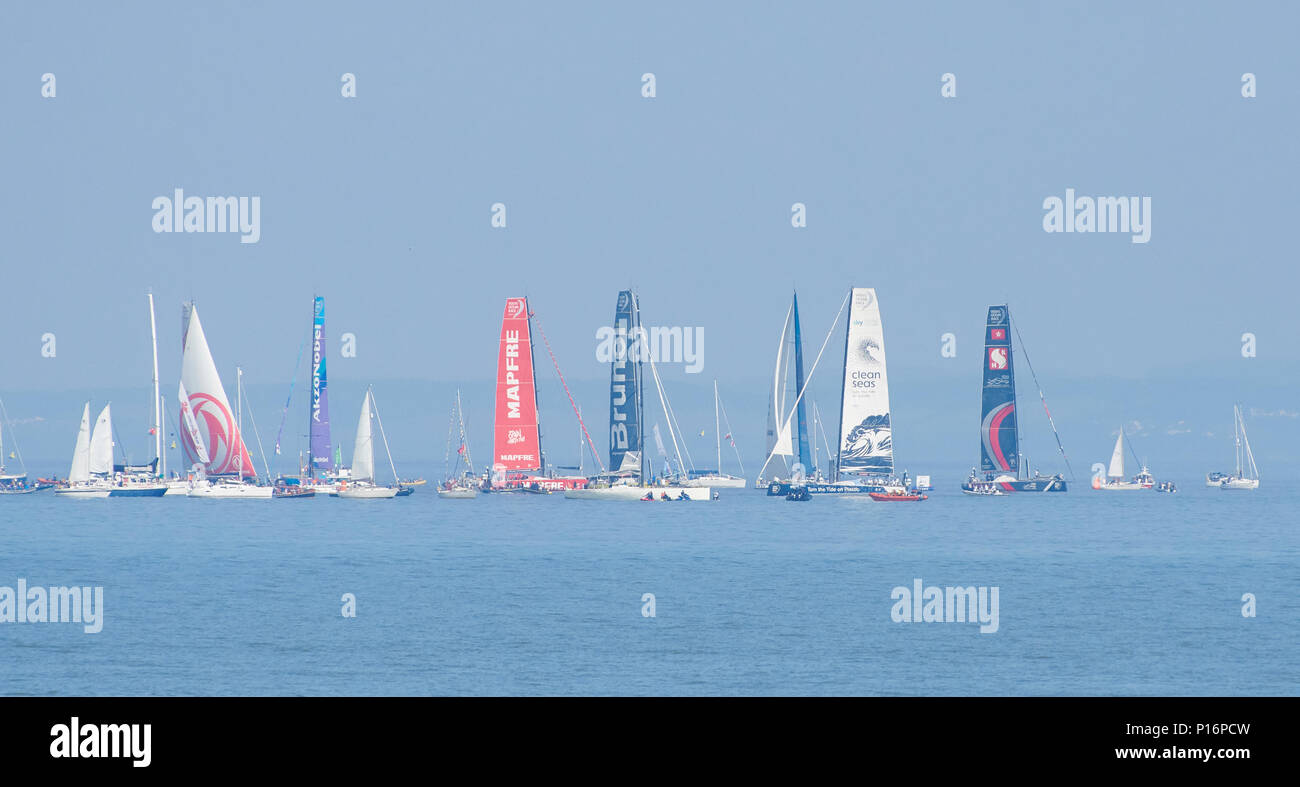 Cardiff, Wales UK. 8th June 2018. The Volvo Ocean Race   Both SHK/Scallywag and Turn the Tide on Plastic found themselves too close to the start line (White Buoy) with the current pushing them over early. As they manoeuvred to get room to start on time, Scallywag was penalised for not keeping clear of Turn the Tide on Plastic and needed to offload a penalty turn putting them at the back of the fleet.  Race Leg 10  Cardiff to Gothenburg. Credit: Phillip Thomas/Alamy Live News Stock Photo